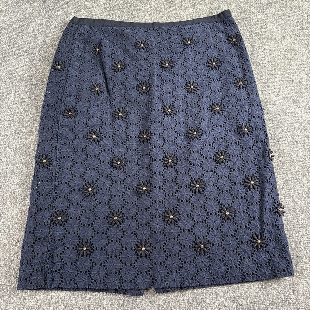 Talbots Skirt Women 4 Navy Blue Floral Eyelet Embroidered Beaded Classic Elegant